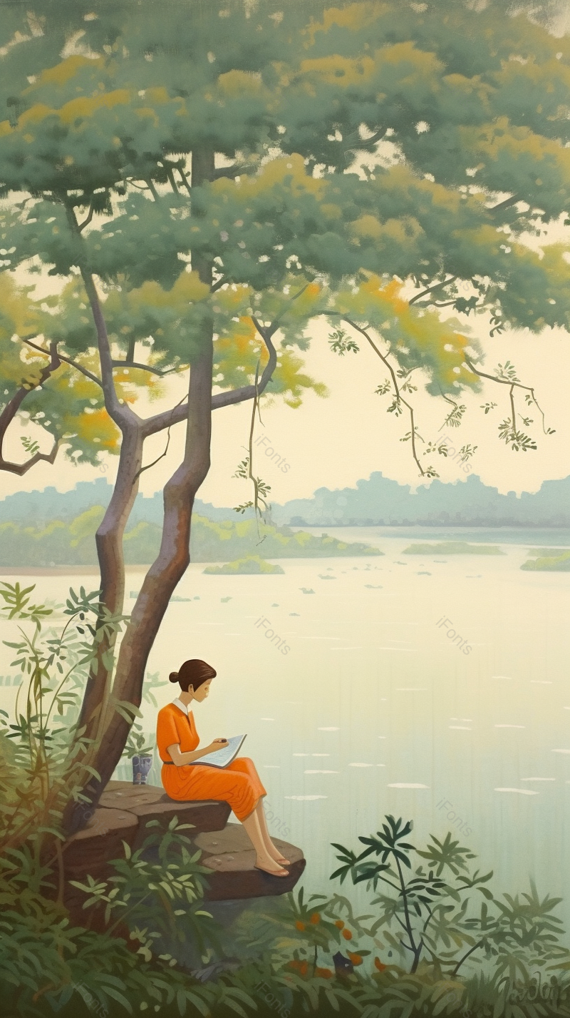 绿色海边树下少女赏景插画背景,插画/手绘图,插画/手绘图库,插画/手绘图下载,插画/手绘